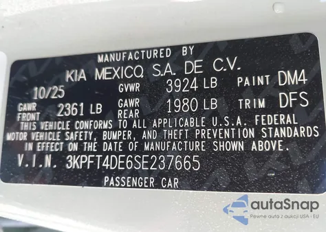 2025 Kia K4 Lxs from USA, damaged, VIN 3KPFT4DE6SE237665